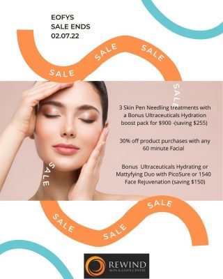 End of financial year deals available for purchase and booking till 02/07/22

Kick start your skin with a course of 3 SkinPen needling treatments with B2 serum and soothing B2 masks to take home. Valued at $1155. PROMO PRICE $900 (limited to 2 parcels per person)

30% off Ultraceuticals products with all 60 minute Facial services

Receive a bonus Hydration or Mattifying duo with PicoSure and 1540 fractional Skin rejuvenation Treatment. Save $150 

Call 65001590 to secure your spot, while stock lasts, no rainchecks